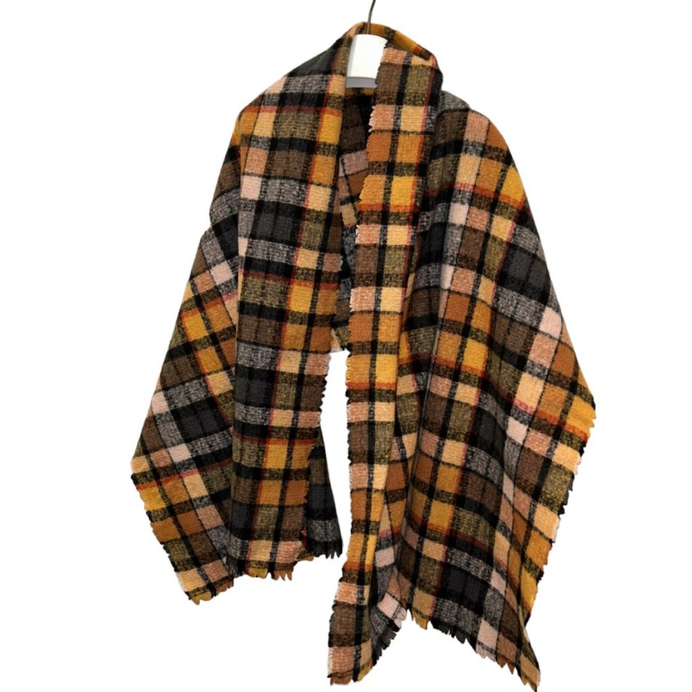 Mustard Plaid Fall fuzzy Blanket Scarf